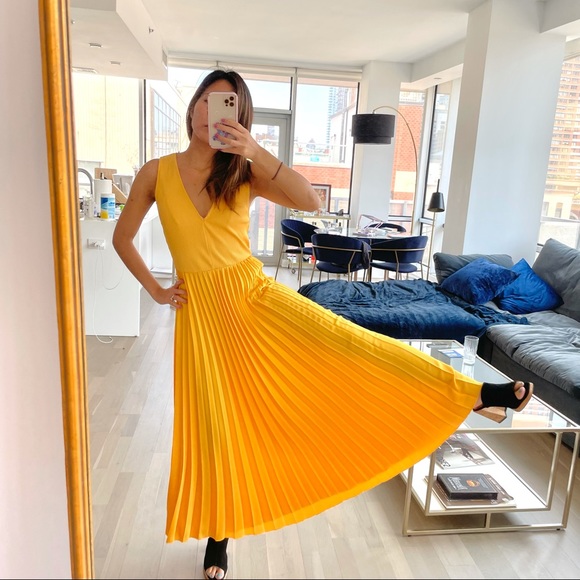 Zara Dresses & Skirts - EUC Zara Canary Yellow Pleated Satin Maxi Dress